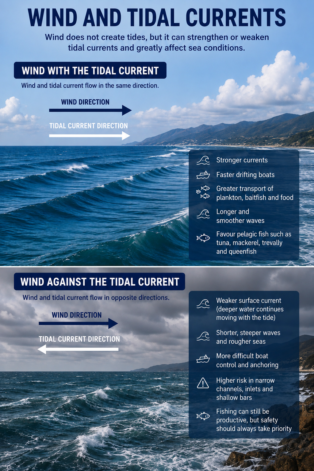 Comparison of wind blowing with and against a tidal current, showing smoother seas when the flows move in the same direction and rougher conditions when they oppose each other.